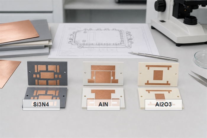 AMB ceramic substrate material selection showing Si3N4 AlN and Al2O3 ceramic samples with copper patterns