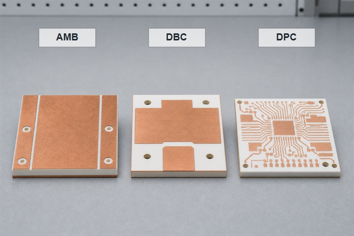 Comparison image showing AMB DBC and DPC ceramic substrate options for power modules