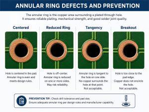 PCB annular ring defects showing centered hole, reduced ring, tangency, and breakout