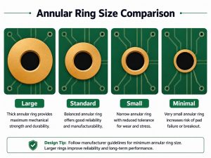 Comparison of large, standard, small, and minimal PCB annular ring sizes