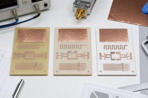 Three high-Dk PTFE laminate samples prepared for AR1000, AD1000 and Rogers RO3010 material comparison