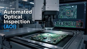 Automated optical inspection machine scanning a populated PCB assembly