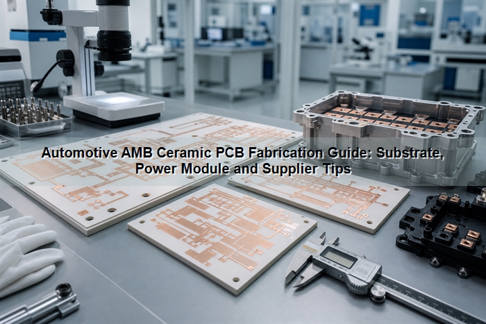 Automotive AMB ceramic PCB fabrication scene with ceramic substrates and power module inspection