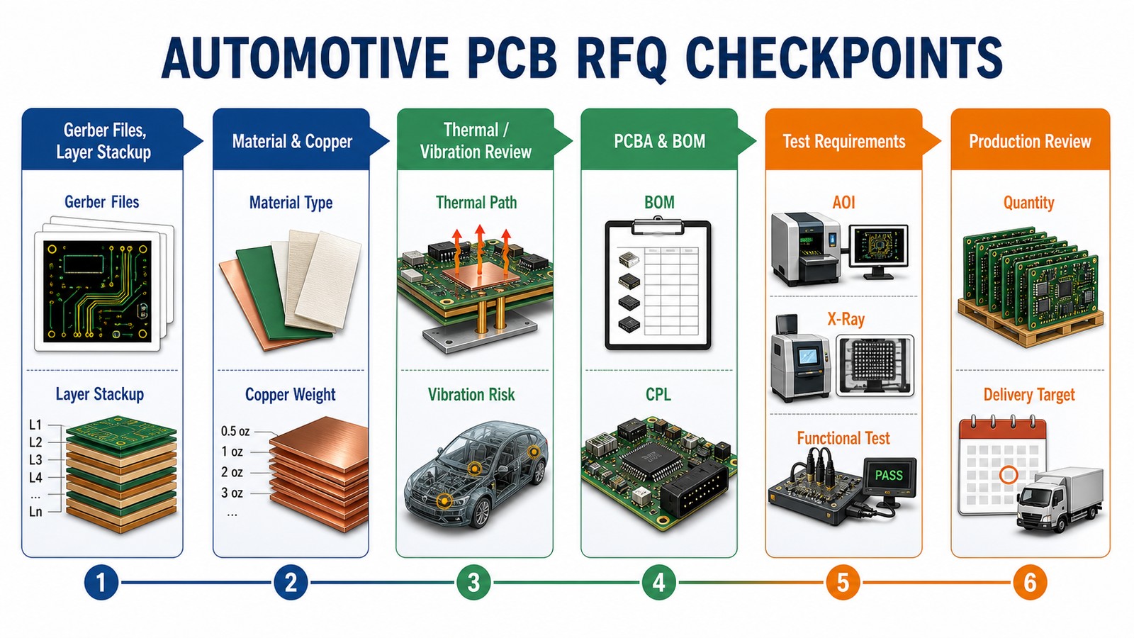 Automotive PCB RFQ checkpoints from Gerber and stackup to material, PCBA, testing and production review