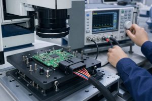 Automotive sensor PCB undergoing optical inspection and functional electrical testing
