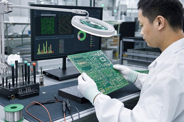 Quality engineer reviewing a bare PCB and electrical test results