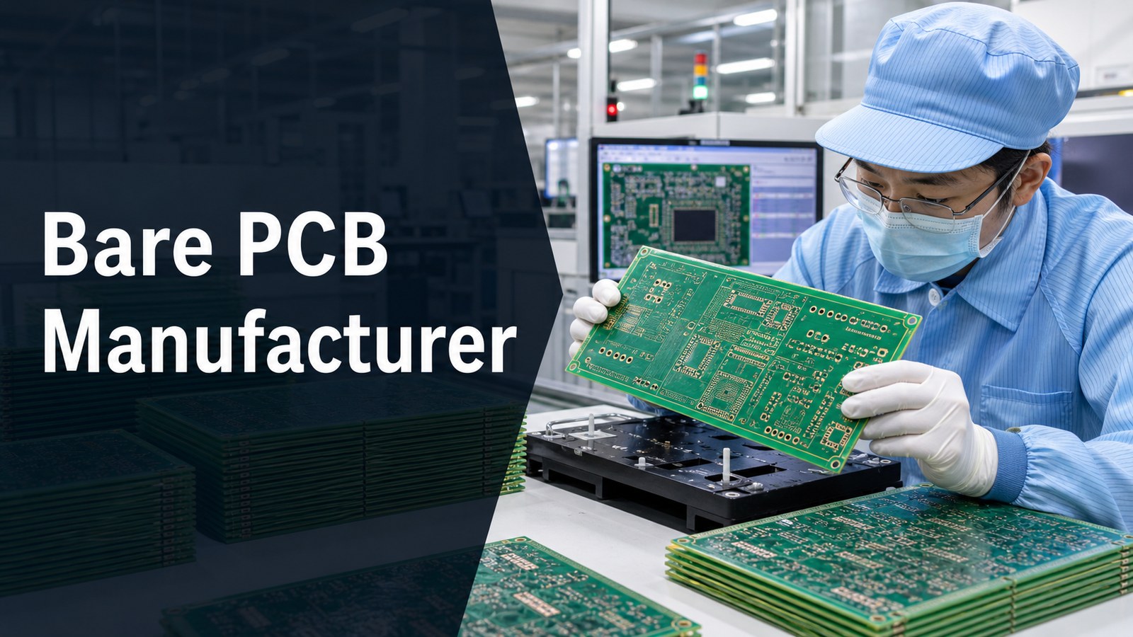 Bare PCB manufacturer inspecting unpopulated printed circuit boards before assembly