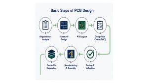 Basic steps of PCB design from requirements analysis and schematic design through PCB layout, design rule checking, Gerber generation, manufacturing, assembly, testing, and validation
