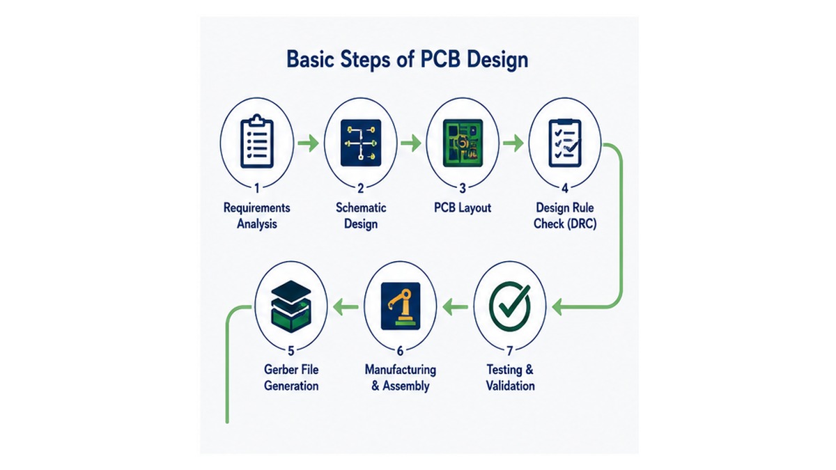 Basic steps of PCB design from requirements analysis and schematic design through PCB layout, design rule checking, Gerber generation, manufacturing, assembly, testing, and validation