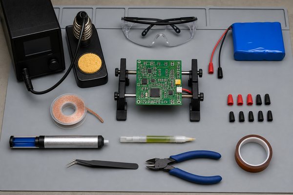 Temperature-controlled soldering iron, flux, desoldering wick, pump, insulation, and PCB holder