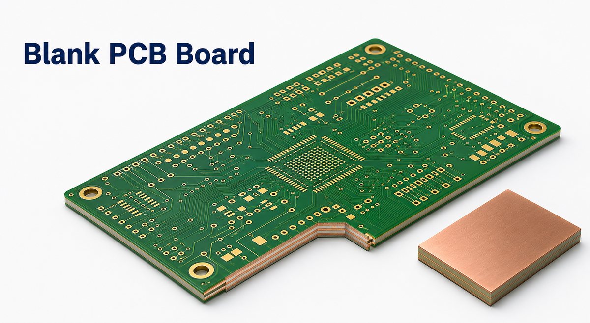 Blank PCB board with an unpopulated fabricated circuit and a copper-clad laminate sample