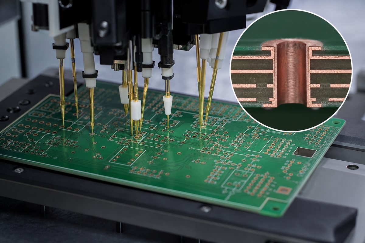 Flying-probe electrical test and plated through-hole inspection on a blank PCB board
