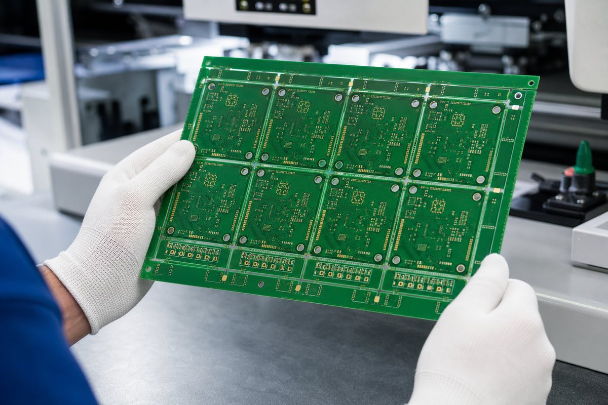 Technician inspecting an unpopulated PCB panel after fabrication