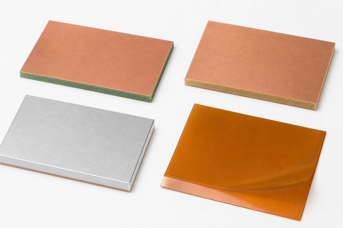 Copper-clad FR-4, phenolic, aluminum-core, and flexible polyimide PCB material samples