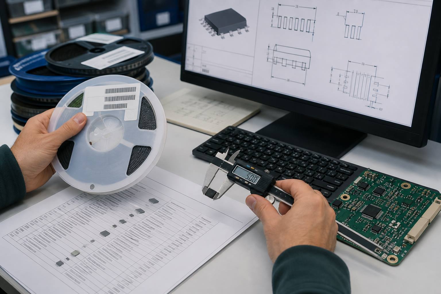 Engineer comparing a BOM part number, component reel, package drawing, caliper and PCB footprint