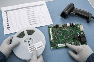PCB, component reel, BOM, and scanner used for part-number traceability