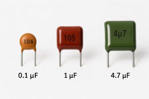Capacitor markings 104, 105 and 4µ7 converted to microfarad values