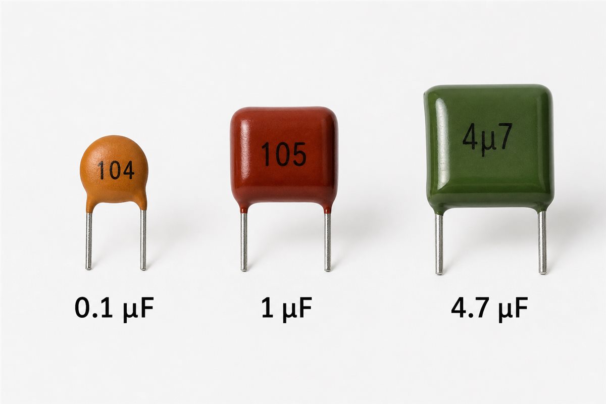 Capacitor markings 104, 105 and 4µ7 converted to microfarad values