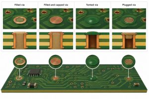 Comparison of filled via, filled and capped via, tented via, and plugged via