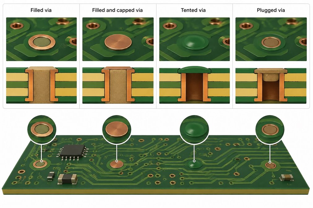 Comparison of filled via, filled and capped via, tented via, and plugged via