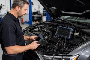 Technician diagnosing a car sensor with a scan tool and oscilloscope at the sensor connector