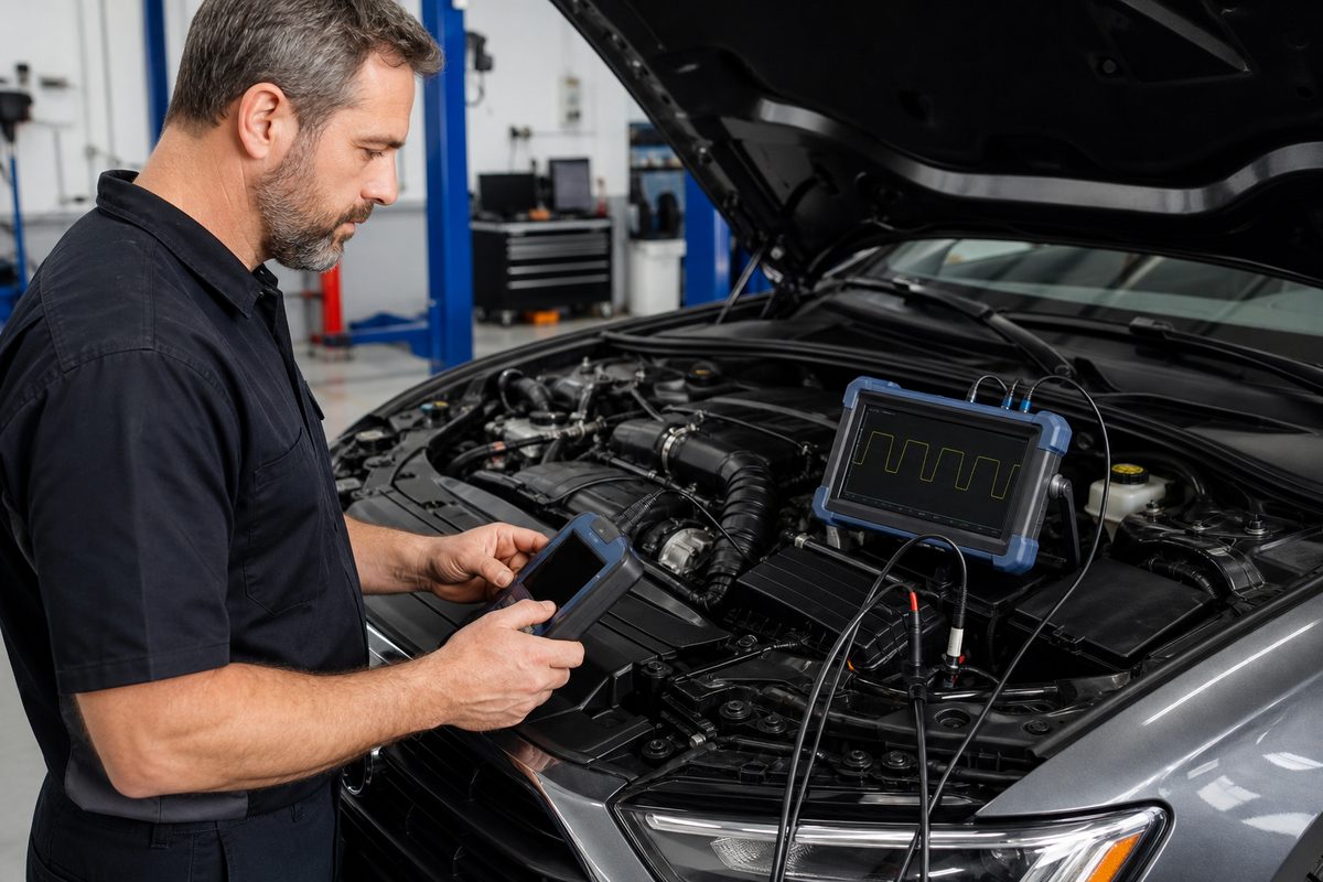 Technician diagnosing a car sensor with a scan tool and oscilloscope at the sensor connector
