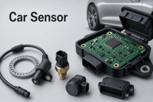 Car Sensor guide showing automotive sensors and an electronic control PCB
