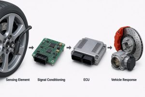 Automotive sensor signal chain from sensing element through PCB electronics to the ECU