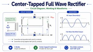 Center-tapped full wave rectifier circuit diagram, current paths, and output waveform