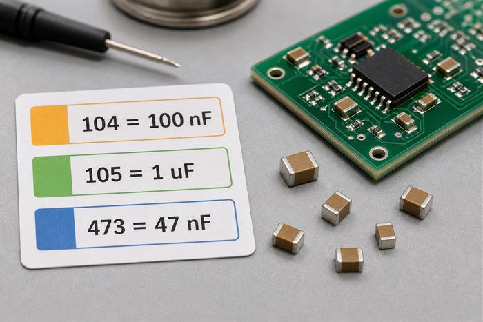 Ceramic capacitor code and value examples for 104 105 and 473 on a PCB workbench
