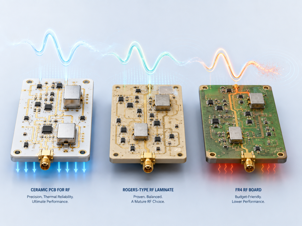 RF performance comparison between ceramic PCB, Rogers laminate, and FR4 board