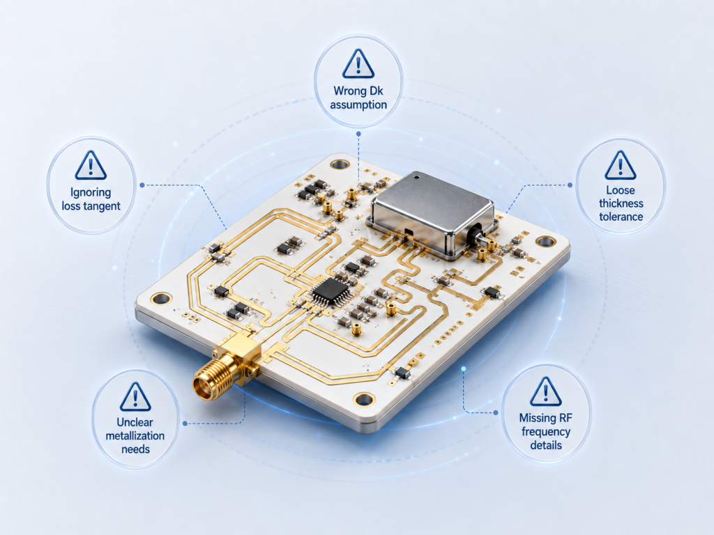 Common RF ceramic PCB mistakes including incorrect dielectric constant, loose tolerance, and missing frequency details