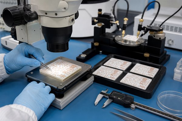 Ceramic PCB prototype inspection under microscope with caliper and probe station in quality lab