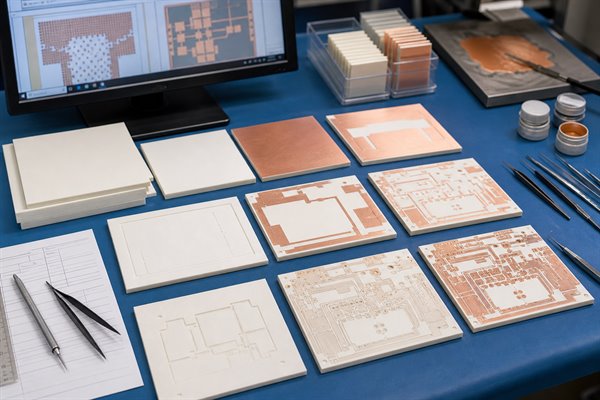 Ceramic PCB prototype manufacturing process samples arranged from substrate to copper patterned board