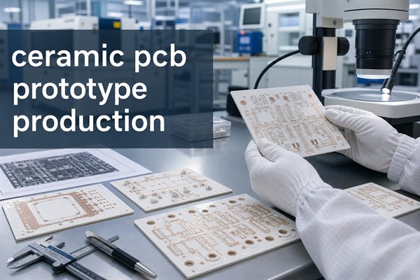 Ceramic PCB prototype production scene with ceramic circuit samples under microscope inspection