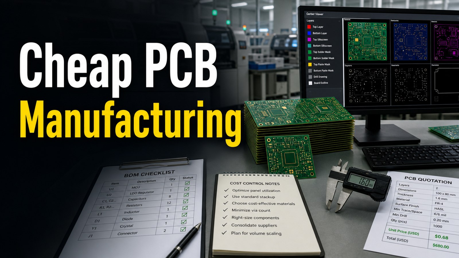 Cheap PCB manufacturing quote review with Gerber files and PCB cost checklist