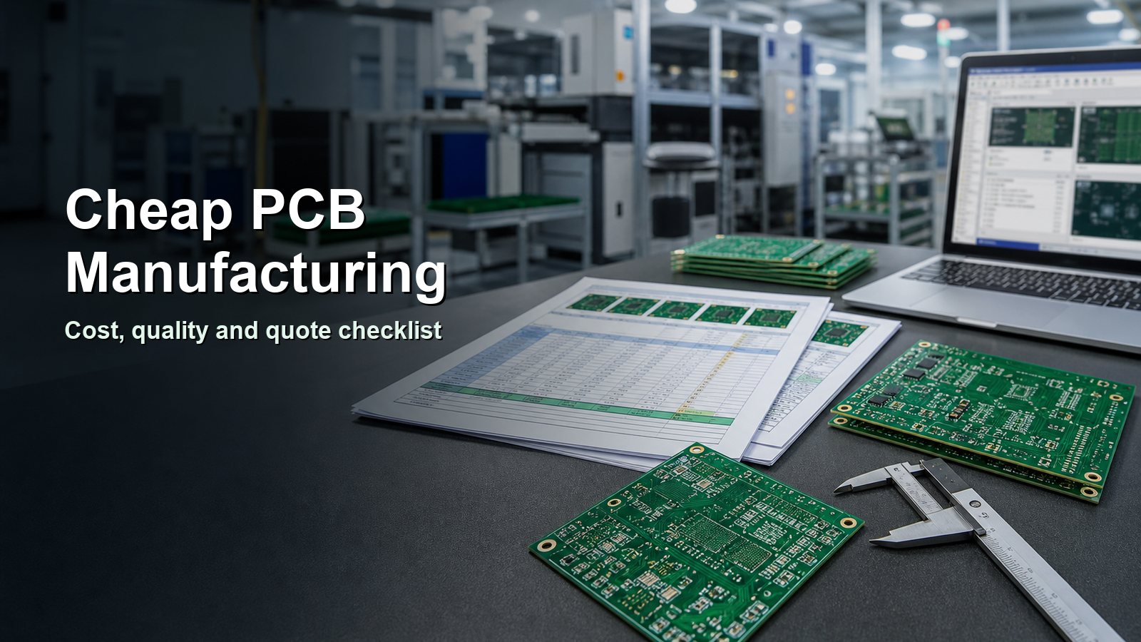 Cheap PCB manufacturing quote review with circuit boards, fabrication documents and inspection tools