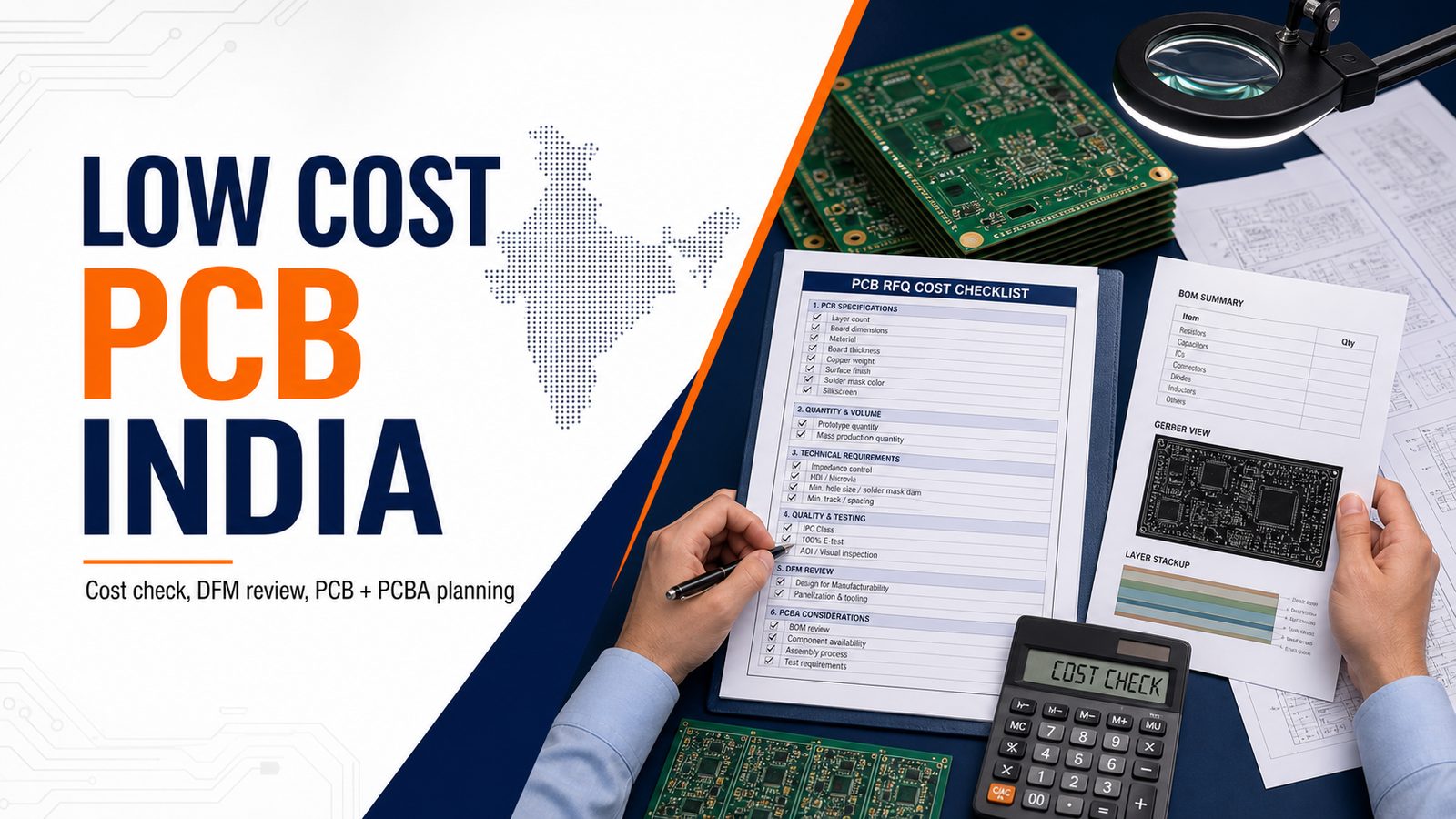 Low cost PCB India RFQ cost checklist with DFM review and PCB plus PCBA planning