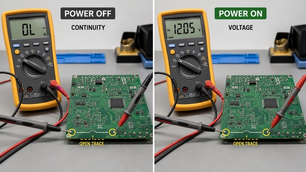 Continuity and voltage testing workflow for a PCB open circuit
