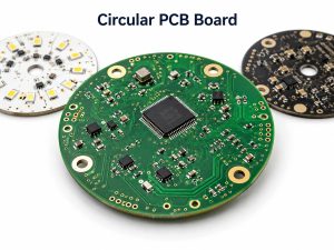 Custom circular PCB boards with green, white, and black solder masks