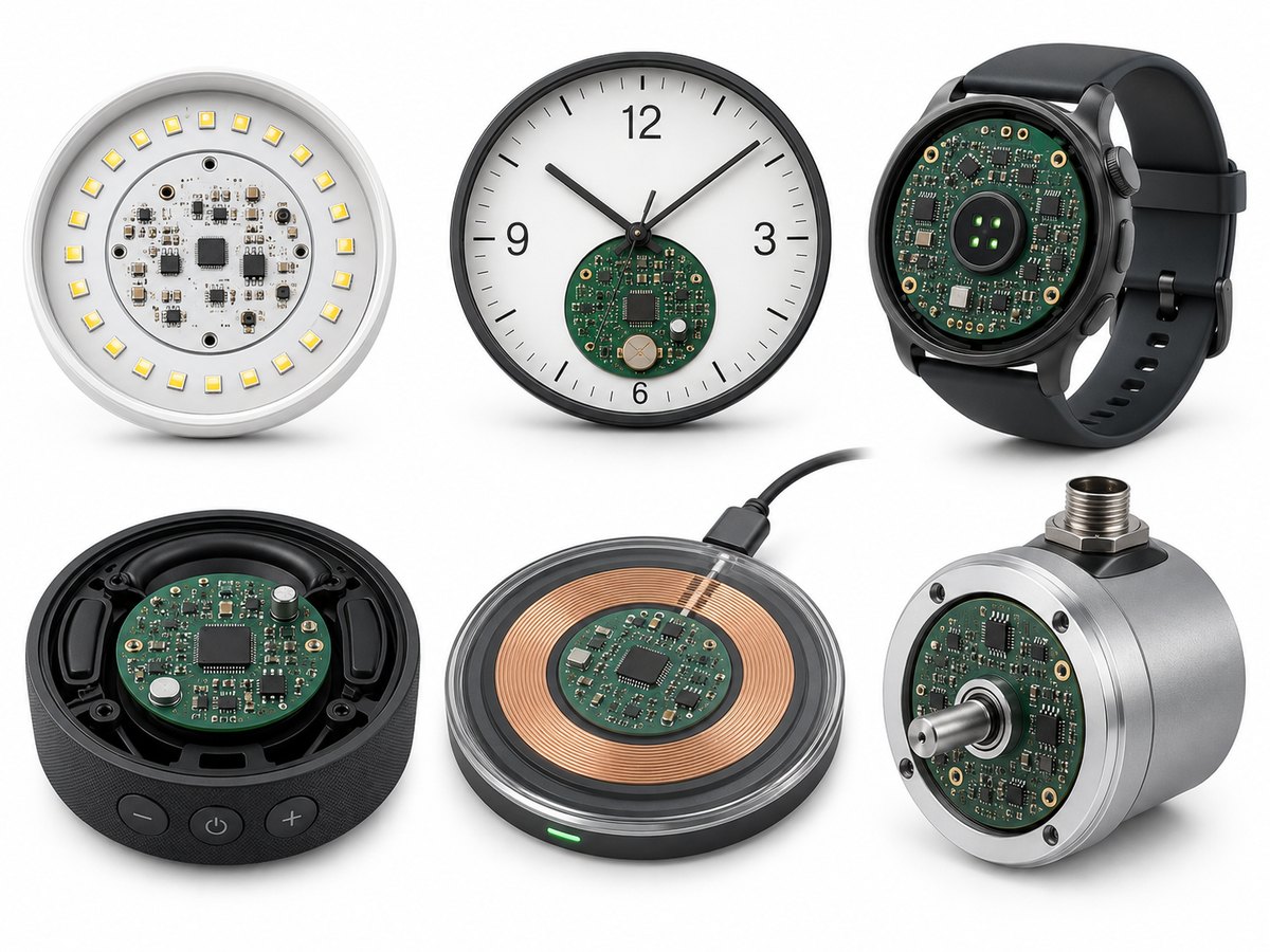 Circular PCB applications in lighting, clocks, wearables, audio, charging, and industrial controls