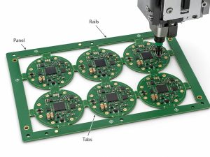 Circular PCB panelization with rails, tabs, tooling holes, fiducials, and SMT placement