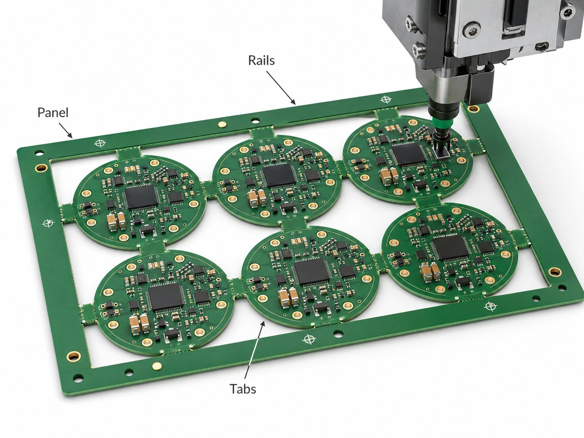 Circular PCB panelization with rails, tabs, tooling holes, fiducials, and SMT placement