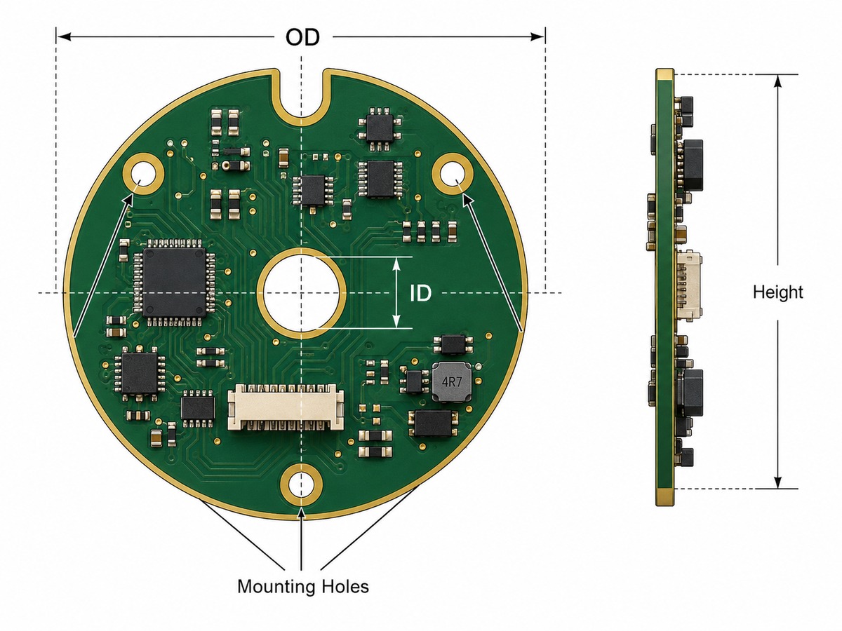 Circular PCB outer diameter, inner diameter, mounting holes, notch, and component height