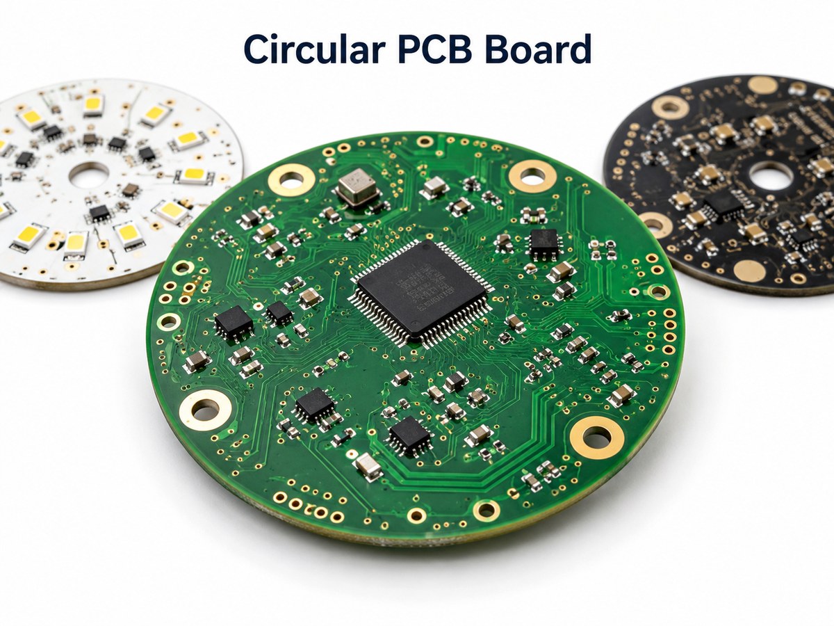 Custom circular PCB boards with green, white, and black solder masks