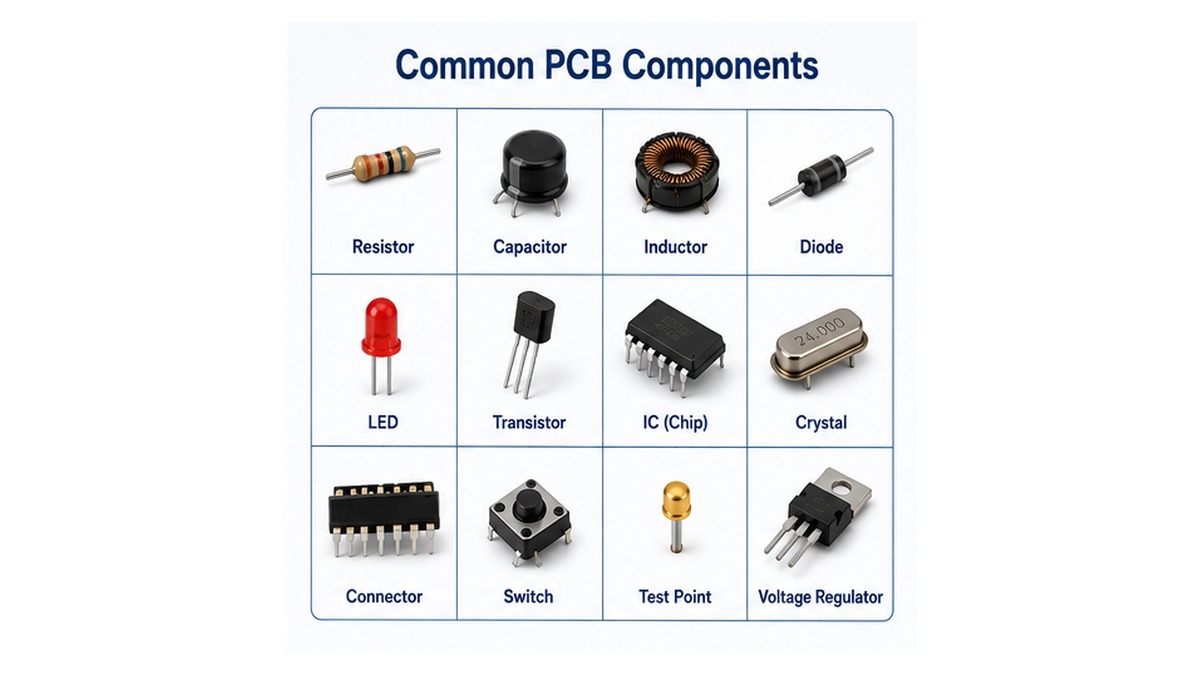 Common PCB components with pictures including resistor, capacitor, inductor, diode, LED, transistor, integrated circuit, crystal, connector, switch, test point, and voltage regulator