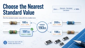 Example of selecting the nearest standard resistor value for a calculated 193 ohm target