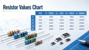 Standard resistor values chart showing decade scaling from ohms to kilohms
