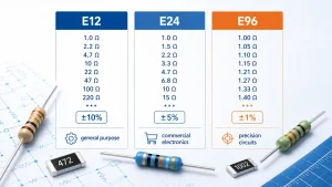 Comparison of E12, E24, and E96 resistor value series and common tolerances