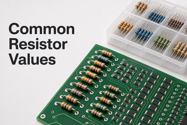 Common Resistor Values shown with axial and SMD resistors on a PCB